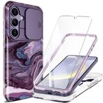 GVIEWIN Compatible with Samsung S24 Case Galaxy with Slide Camera Cover+Screen Protector, 360° Armor Shockproof Marble Fullbody Bumper Protective Anti-Scratch Case 6.2" 2024,Quicksand/Purple