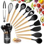 Silicone Kitchen Utensils 12 Pieces, Set of Utensils da Cucina per Pentole Antiaderenti, Heat and Non-Stick with Wooden Handle for Utensils BPA Free (Black)