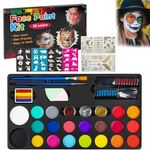 ARKZO Face and Body Paint Kit for Kids 20 Non Toxic Oil Palettes, 3 Glitters, 2 Hair Chalk Combs, 2 Paint Brushes, 32 Stencils, Tattoo Sheets - Ideal for Parties, Halloween Makeup, Facepaint