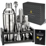 Hawke & Hanley Mixology Bartender Kit: Cocktail Shaker Bar Set with a Martini Shaker, Bar Tools and Black Bamboo Stand | Bartending Kit with Recipe Book | Unique Housewarming Gift (Silver)