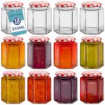 HEFTMAN Small Glass Jars with Lids - 12 Pack Airtight 250ml Jam Jars with Red Gingham Lids for Use as Pickling Jars, Glass Jars for Candle Making, Preserving Jars - Hexagonal Small Jars (Empty)