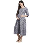 DUMMY SHAPE Maternity Gown for Women | Rayon Pregnancy Dress Kurta with Nursing Zippers for Pre & Post Partum | Feeding Kurtis (DS-140-L, Grey)