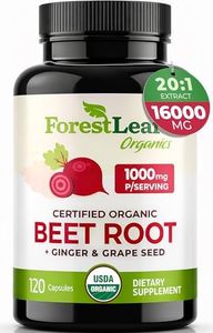 ForestLeaf Organic Beet Root Capsules - Beetroot Supplement 16000mg Strength 20:1 Extract Pills w/Ginger Grape Seed | Support Blood Pressure, Nitric Oxide, Flow, Circulation | Beets Powder - 120 Caps