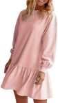 CUFEZN Women's Sweatshirt Dress Long Sleeve Crewneck Casual Above-The-Knee Ruffle Mini Sweatshirts Dresses, Pink, Small