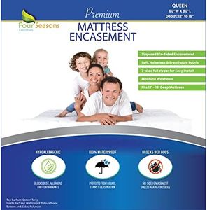 Queen Size Zippered Mattress Protector - Waterproof Mattress Cover - Hypoallergenic Allergen Proof Bed Encasement - Deep Pocket Cotton Terry Top White