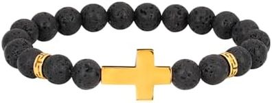 MILAKOO Unisex 8mm Lava Rock Beads Bracelet for Men Gold Stainless Steel Cross Anxiety Wrist Wrap