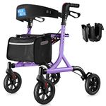 WALK MATE Rollator Walker for Seniors with Cup Holder, Upgraded Thumb Press Button for Height Adjustment, 4 x 8" Wheels Walker with Seat Padded Backrest Folding Lightweight Walking Aid, Purple