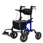 ELENKER All-Terrain 2 in 1 Rollator Walker & Transport Chair, Folding Wheelchair with 10” Non-Pneumatic Wheels for Seniors, Reversible Backrest & Detachable Footrests, Blue