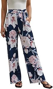 ECOWISH Wide Leg Pants for Women Summer 2024 Palazzo Flare Beach Floral Flowy Lightweight Trousers 185 Navy Small