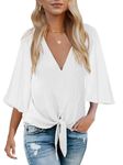 Bluetime Womens Summer Tops Boho 3/4 Sleeve V Neck Tie Front Shirts Casual Floral Blouses, Solid White (With Layer), Medium