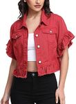 MISS MOLY Women's Denim Jacket Ruffle Sleeve Distressed Summer Cropped Jean Jackets Red M