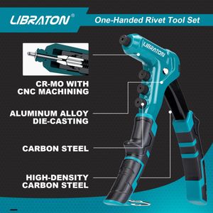 Libraton One-Handed Rivet Gun Set – 200 Rivets, 4 Heads, Drill Bits, Storage Case