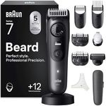 Braun Beard Trimmer Series 7, +12 Barbering Tools, Lifetime Sharp ProBlade, Up to 120 Min Runtime, 40 Lengths, Waterproof, PrecisionWheel & Lock, BT7545, Grey