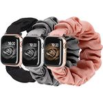 TOYOUTHS 3-Pack Compatible with Apple Watch Band Scrunchies 38/40/41/42mm Women Soft Cloth Fabric Elastic Strap Stretchy Bracelet for iWatch Series 10 9 SE 8 7 6 5 4 3 2 1 (Black/Grey/Rose Pink, S/M)