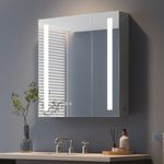 Dripex Bathroom Mirror Cabinet with LED Lights, 630 * 650mm 2 Doors Illuminated LED Bathroom Mirror Cabinet with Shaver Socket Dimmable Switch 3 Colors and Demister Pad-Grey