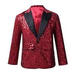 inlzdz Kids Boys Shiny Sequins Lapel Jacket Coat Glitter Blazer Tuxedo Banquet Dance Wedding Party Fancy Costumes Burgundy 11-12 Years