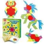 Coogam 130 Pcs Wooden Pattern Blocks Set Geometric Manipulative Shape Puzzle – Graphical Early Educational Montessori Tangram Toys Brain Teasers STEM Gift for Kids with 24 Pcs Design Cards