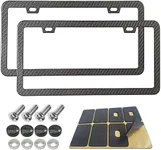 BGMVFK Black Carbon Fiber License Plate Frame- Rust Proof Aluminum Slim Car Tag Holder, Heavy Duty Plate Mount Kit- Stainless Steel Screws, Caps Cover, Rattle Proof Pads, 2 Pack for Front & Rear