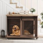 GarveeLife Dog Crate Furniture with Sliding Barn Door,Flip Top Furniture Style Dog Crate End Table with Wheels,Indoor Dog Kennel Furniture with Removable Divider,Dog House