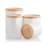 SWEEJAR Kitchen Canisters Ceramic Food Storage Jar Set, Stackable Containers with Airtight Seal Wooden Lid for Serving Ground Coffee, Tea, Herbs, Grains, Sugar, Salt and More - Set of 4 (White)