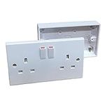 Double Wall Socket & Back Box Pattress. Twin 2 Gang Switched Plug Electrical