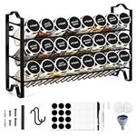 ROSNONG IEKSH 3 Tier Spice Rack Free Standing Metal Condiment Holder with 24 Square Glass Spice Jars, Counter Spice Organiser, Seasoning Bottles Organizer for Kitchen Cupboard Countertop