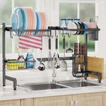 iSPECLE Over Sink Drainer Rack - Length Adjustable (33.6 to 39.6 inch) Dish Drainer Rack with Multiple Baskets, Utensil Sponge Holder, Hooks, Large Capacity Over Sink Dish Rack, Space Saver, Black