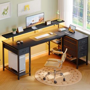 Seventable 140cm L-Shaped Gaming Desk – LED Lights, USB, Storage, Black