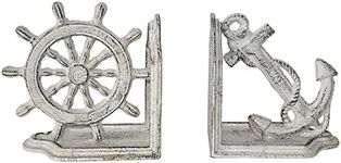 JUCONSIN Nautical Coastal Marine Home Decor Ship Anchor and Captain's Helm Wheel Bookends Pair Set, Antique White Book Ends Heavy Book Supports, Vintage Shelf Decor