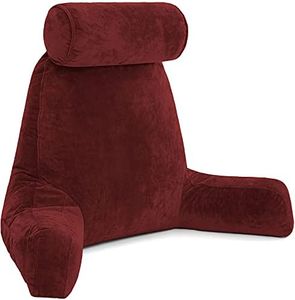 Husband Pillow XXL Reading Pillow for Bed Backrest with Arms - Maroon - Adult - Shredded Memory Foam, Ultra-Comfy Microplush Cover & Detachable Neck Roll - Unmatched Support Bed Rest Sit Up Pillow