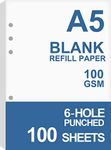 A5 Blank Refills Paper for Filofax Planner/Binders, 100 Sheets/200 Pages, 100gsm White Paper, 6 Hole Loose Leaf Paper, 14.8x21cm