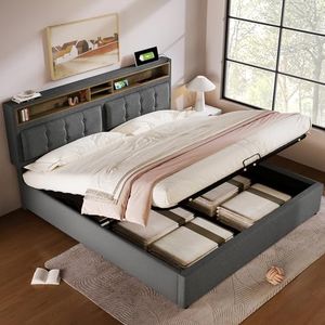 Kehun Polsterbett Doppelbett 140x200, Stauraumbett mit Kopfteil-USB C und Stauraum, Hydraulisches Bett Bettgestell mit Lattenrost aus Holz und Bettkasten, Leinen, Grau, Ohne Matratze