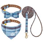 EXPAWLORER Dog Collar and Lead Set - Classic Plaid Dog Bow Tie Collar and Pawprint Dog Bandana Collar with Cute Bell, No Tangle Dog Lead, Adjustable Collars for Cats Small Medium Dogs, Blue S/M