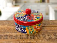 Enchanted Talavera Traditional Authentic Mexican Hand Painted Talavera Ceramic Tortilla Warmer Bowl With Lid Colorful Spanish Mexican Serveware Roti Pancakes Party Serving, Red