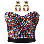 Hercicy Rhinestone Push up Bra Clubwear Colorful Beaded Bustier Crop Top Bra Crystal Rectangle Dangle Earrings (XL)