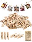 Sturdy Mini Clothes Pins for Photo, 150 Pcs 1 Inch Natural Wooden Clothespins with 33 FT Jute Twine, Small Clips for Crafts Display, Baby Shower Game, Hanging Decorative Pictures, Cocktail, Weddings