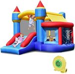 Costway Multifunctional Inflatable Bounce House, Jumping Castle w/Slide, Ball Pit, Repair Patches, Storage Bag, Kids Jumper Bouncer for Backyard, Indoor & Outdoor Use, Multi-color (With 480W Air Blower)