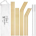 Hiware 12-Pack Gold Stainless Steel Straws Reusable with Case - Metal Drinking Straws for 30oz / 20oz Tumblers Yeti Dishwasher Safe, 2 Brushes Included