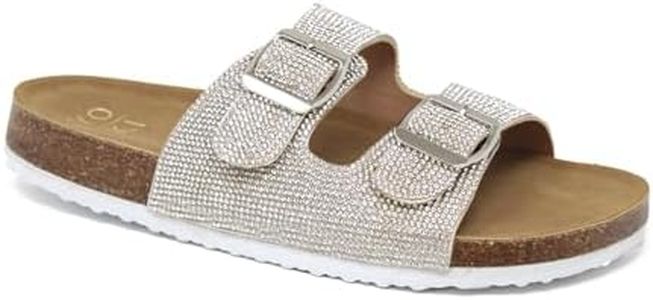 YOKI GIAN-107 Womens Sandals With Rhinestone Double Buckle - Stylish Slides For Women With Faux Cork Sole And Comfortable Open Toe Wedge Sandals - (Silver, Size 10)