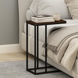 Furinno C-Shaped Side Table, Metal Frame End Table, Night Stand, Bedside Table, for Living Room, Bedroom, Columbia Walnut