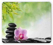 Lunarable Asian Mouse Pad by, Zen Basalt Stone and Orchid Flower with Dew Harmony Therapeutic Spa Theme Photo, Standard Size Rectangle Non-Slip Rubber Mousepad, Green Black Pink