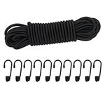 10M Elastic Cord, 1/4" Thick Shock Cord Heavy Duty 32Ft Elasticated Shock Cord Black Bungee Cords with Hooks for Caravan Camping Cargo Craft Rack (6mm x 10M, Black)