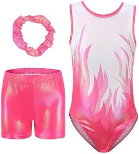 SEAUR Girls' Leotard Gymnastics Shorts Headband Set Kids Gymnastics Jersey Shorts Gymnastics Sleeveless / Long Sleeve Leotard Dance Clothing, A08-Rose Red, 7-8 Years