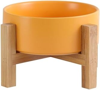 Elevated Ceramic Cat Bowl - Cat Food Bowl with Bamboo Stand - Raised Dog Dish for Puppies - Anti Vomiting, Stress Free - 13.5 oz / 400 ml - Yellow