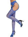 RSLOVE Women Sexy Fishnet Stockings Sparkle Rhinestone Mesh Tights High Waist Pantyhose Blue