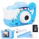 Wembley Kids Digital Camera Compact Dino Design Selfie Camera Video Recorder Photo Capture Games 4GB SD Card 2.0 Inch Screen for Girls Boys 4+ 5 6 7 8 - Blue