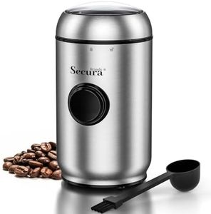 Secura Brands Electric Quiet Coffee Grinder, One-Touch Pulse Control Stainless Steel Coffee Grinder for Beans and Spices & Herbs, Silver