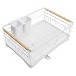 Navaris Dish Drainer Rack with Wooden Handle - Metal Draining Board with Drip Tray - Plate Drying Rack with Utensil Holder - Washing Up Drainers for Kitchen Sink - White