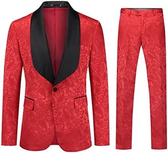 YFFUSHI Men's 2 Piece Suits Jacquard Tuxedo 1 Button Shawl Collar Party Wedding Dinner Suit Red