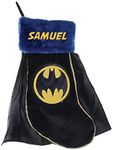 Personalized Planet Batmen Embroidered Christmas Stocking with Custom Name in Gold Thread on Blue Cuff with Black Superhero Cape, 9.5" x 17"